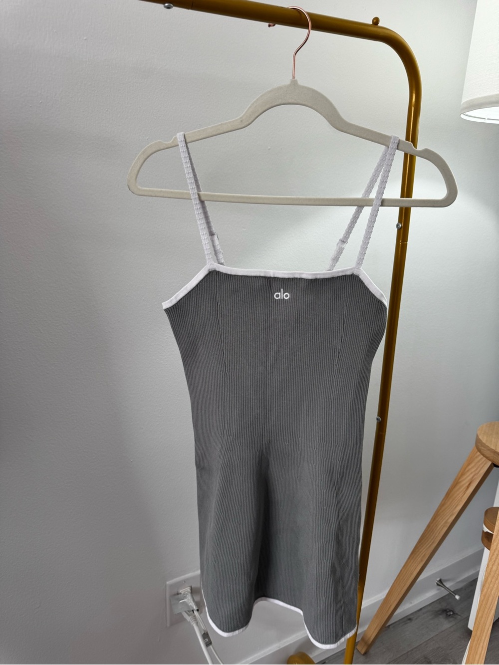 ALO Yoga Gray Ribbed Slip Dress with White Trim